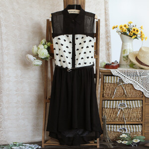 E春韩版爱心印花不规则下摆无袖雪纺连衣裙女