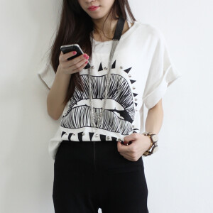 seasand韩国订单春夏纯棉嘴唇铆丁宽松休闲显瘦短袖T恤