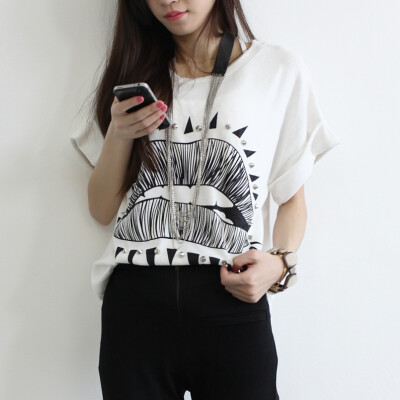 seasand韩国订单春夏纯棉嘴唇铆丁宽松休闲显瘦短袖T恤