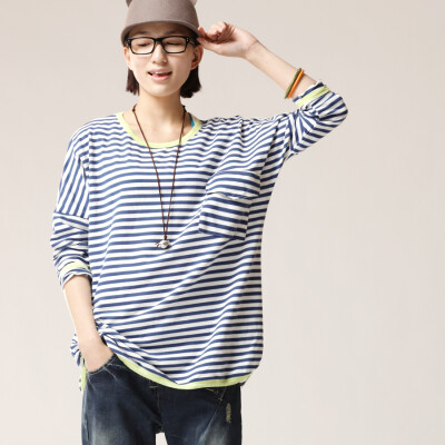 云上生活春韩版宽松圆领套头长袖海军条纹女装T恤T