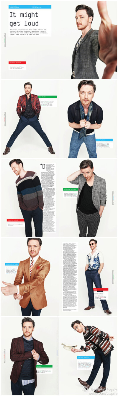 #Esquire world#这是一组詹姆斯·麦克沃伊（James McAvoy）为《Esquire》英国版4月刊拍摄的时装大片，演绎各大奢侈品牌的新品搭配。这个集丰富表情于一身的苏格兰演员，这次是否决定将卖萌进行到底？！