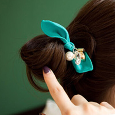 韩版绢纱蝴蝶结串水晶大珍珠爱心锁装饰甜美风发绳发圈头花