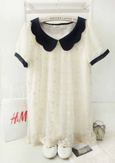 森系蕾丝花朵刺绣雪纺双层娃娃领翻领长款短袖打底衫连衣裙