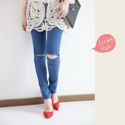 CBOMB韩国独特设计膝盖破洞修身显瘦小脚牛仔裤铅笔裤k