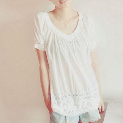 日系森林系V领蕾丝花边娃娃衫白色短袖T恤衬衫清新文艺大码衬衣