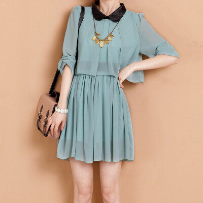 新*又见小夕^春装韩版通勤假两件衬衫领长袖雪纺连衣裙