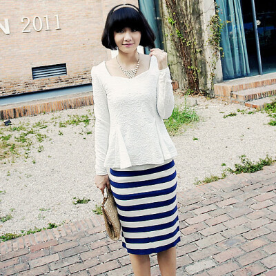 超显瘦欧美风中长款条纹半身裙包臀修身条纹裙子