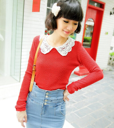 秋装甜美娃娃领钩花红色毛衣打底衫长袖上衣