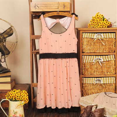 夏季女日单pinkygirls蕾丝蝴蝶结刺绣雪纺连衣裙背心裙