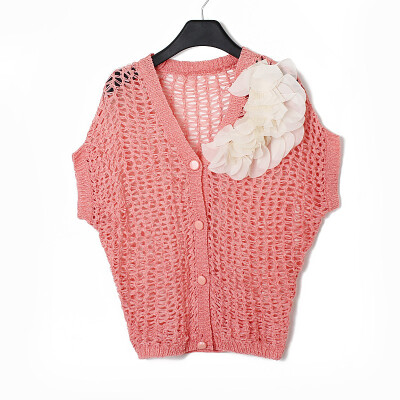 女装韩版糖果色镂空针织花朵开衫短袖针织衫三色