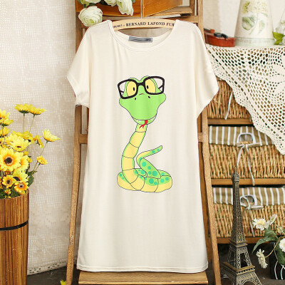 E春韩版眼镜蛇卡通图案蝙蝠短袖中长款T恤女