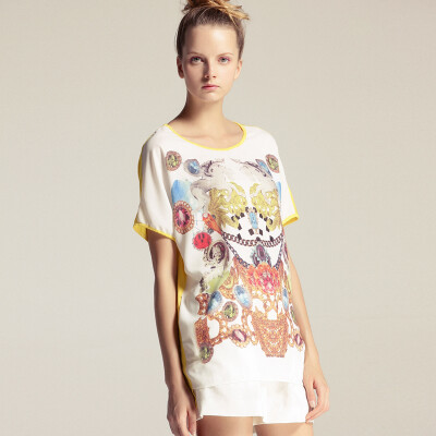 MIUCO欧美大牌女装中长款印花拼色真丝拼接莫代尔宽松t恤女短袖