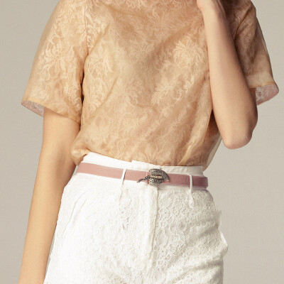 MIUCO欧洲站镶钻马蹄兰头层牛皮女士腰带细真皮皮带黑色粉色