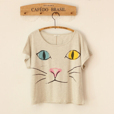 PP家杂志同款日系可爱彩色猫咪印花罩衫T恤短袖