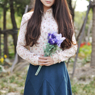 秋装修身碎花翻领长袖复古小清新印花衬衫衬衣棉女#