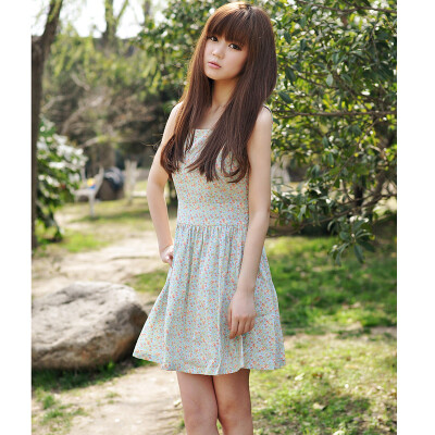 蜜搭女装春装无袖复古风纯棉碎花连衣裙修身款裙子