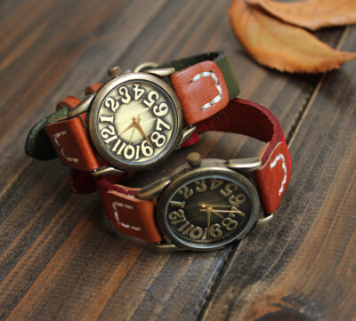 经典复古大表盘牛皮带手表女式古铜色手工腕表精品手表