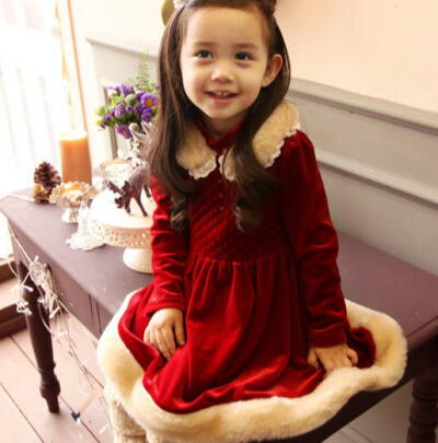 现货冬韩国童装/COTTONBABY红色丝绒翻领长袖连衣裙