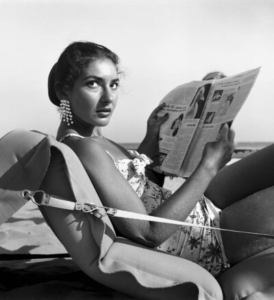 Maria Callas sunbathing on the beach in Venice, 1950