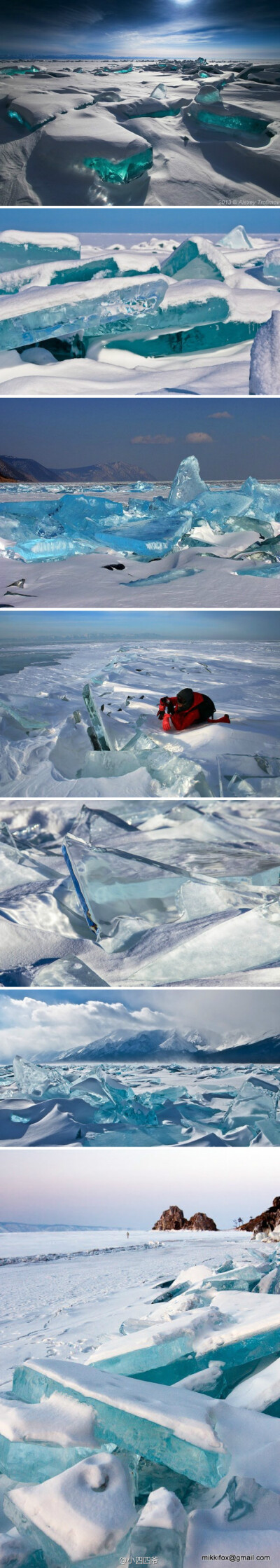 贝加尔湖的冬季有5个月，从1月到5月。这个时候贝加尔湖会结冰，但湖水却依然清澈。你可以从冰面看透40米深。到了每年3月，这里就会出现一种非常值得拍摄的现象。风、温差、霜冻和阳光会使冰面裂开。这些透明冰块闪烁…