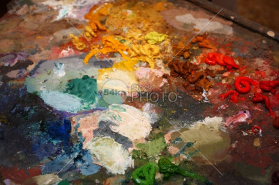 Colorful Paint Art Palette yellow white wet watercolor used Top tool Style stroke simple red purple profession pattern pallete palette Painting painter paintbrush paint orange old oil mixing mixed mix…