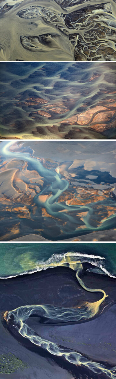 这不是抽象画，这是摄影作品，俄罗斯摄影师Andre Ermolaev从冰岛上空，航拍火山地区河流蜿蜒进入大海的景象...