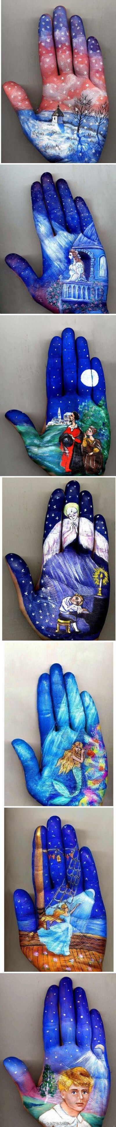 【掌心上的童话艺术】俄罗斯艺术家 Svetlana Kolosova 在自己的手掌上画出了温暖的童话。