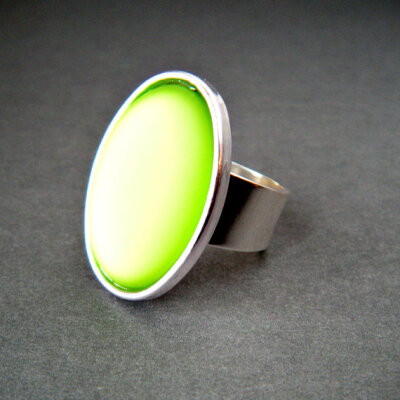 Lime Green, Neon Green, Oval Statement Ring, Iridescent, Adjustable