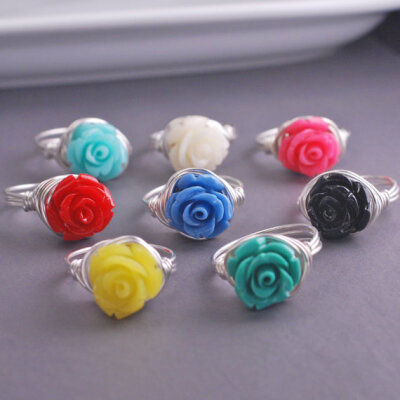 Bright Yellow Rose Ring, Flower Ring, Sterling Silver Wire Wrapped Ring, Chunky Statement Ring