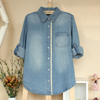 春装蕾丝花边修身复古长袖牛仔衬衫衬衣女大码码