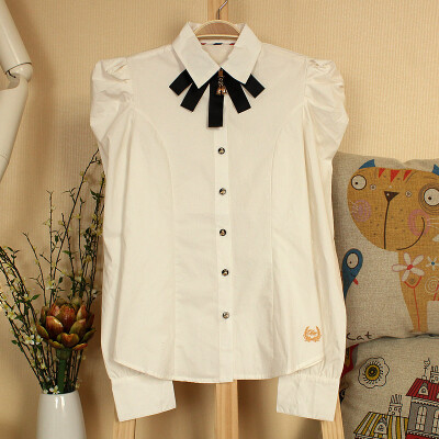 女装春季韩版学院风铃铛领结泡泡袖修身长袖衬衫/衬衣