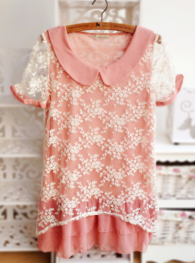 日本超仙女精美立体碎花刺绣蕾丝衫中长款娃娃领雪纺裙衣