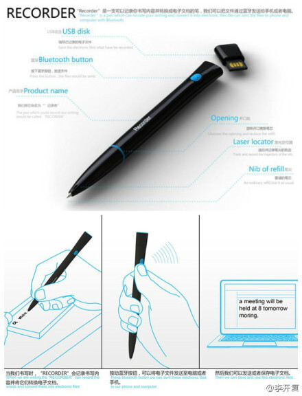 【可以将书写转换成电子文档的笔】在电脑上写字画图的感觉不如在纸上好？中国的一个团队就设计出一款可以记录你书写内容并转换为电子文档的笔，这只笔的笔尖上除了正常使用的笔芯外还有激光定位器会追踪书写路径，芯片记录这些轨迹并转换成电子文档然后通过蓝牙就可以发到你的电脑和手机上。