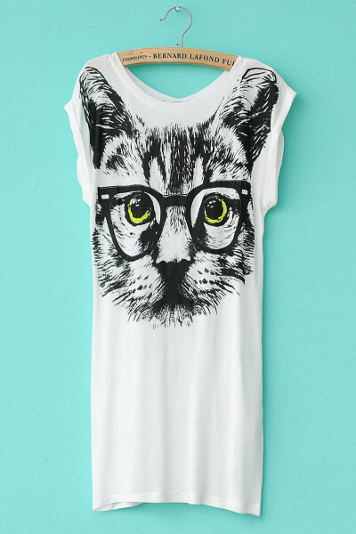 春装欧美风圆领可爱戴眼镜猫咪棉质中长款卷边短袖t恤女