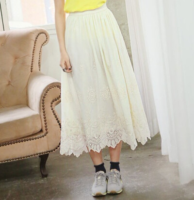 tisvin韩国女春装进口精美松紧腰钩花半身裙长裙