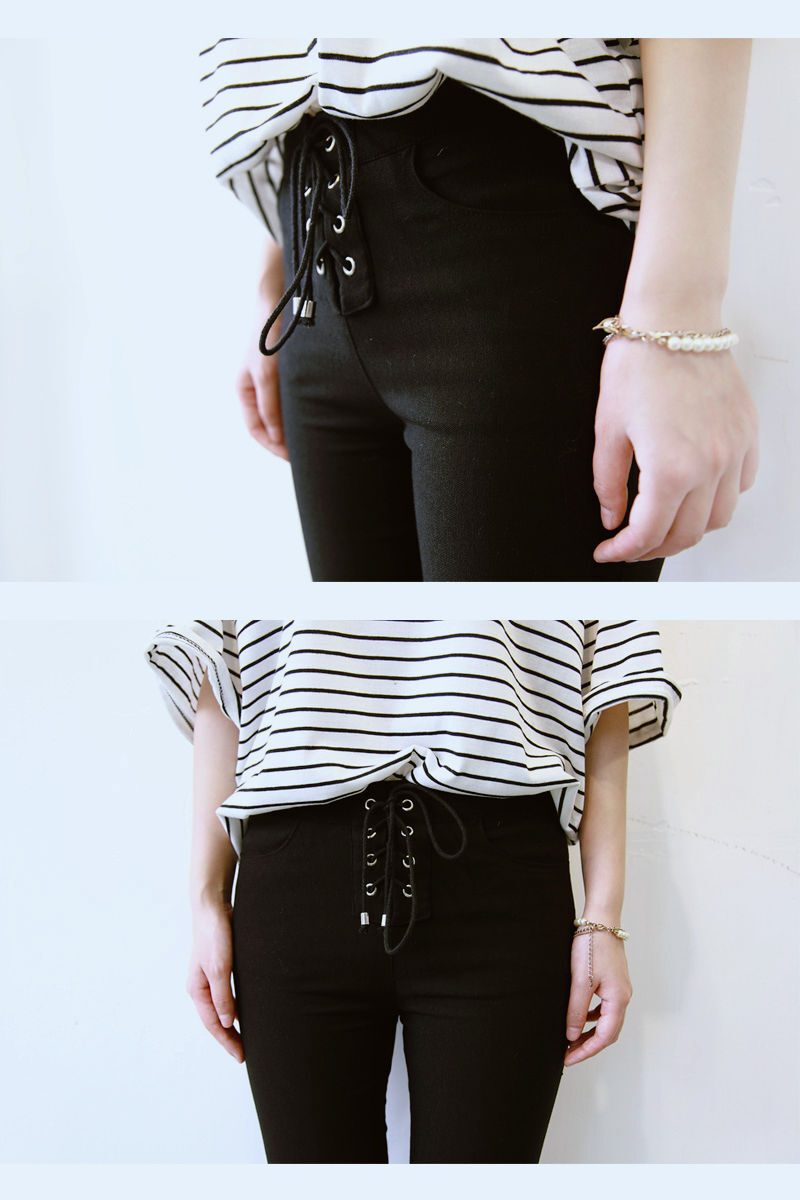 韩国韩版官网同款高腰系绳修身紧身包臀分黑纯色打底铅笔裤