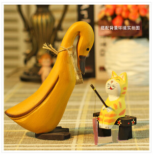 zakka杂货摆件 迷你手工雕刻钓鱼猫