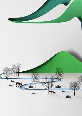 当你第一眼看见他的作品时，你一定以为它们都是用纸张切割成形后拼贴而成的，但实际上，不管是风景、物体、还是人物，这些都是由艺术家在电脑上绘制而成的立体插画。