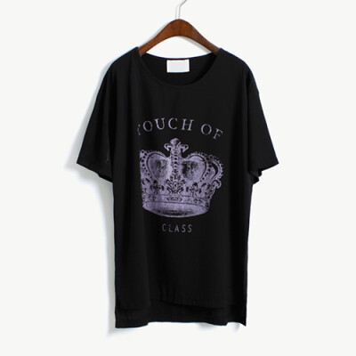 欧美复古风皇冠印花纯色雪纺t恤短袖雪纺衫女装春夏