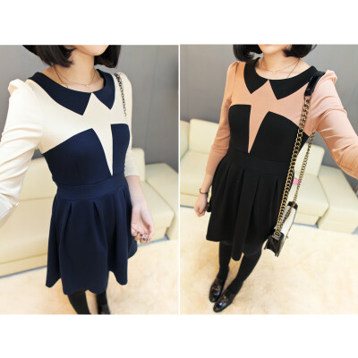 春装连衣裙女装撞色日系甜美裙子娃娃领高腰裙X