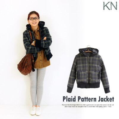 KN冬款女日单学院风做旧水洗格子保暖带帽短款针织拼接棉衣棉服