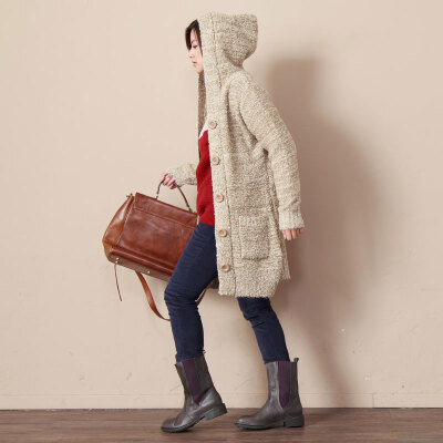 简质愫复古文艺帽子杂色圈圈纱单排扣口袋长款毛衣外套