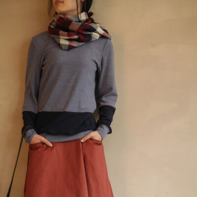 百武西笑春装原创复古文艺范女拼接圆领打底衫长袖T恤韩版