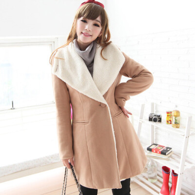 飘雪。韩国冬女装翻领羊羔绒修身保暖中长款厚羊毛呢大衣外套