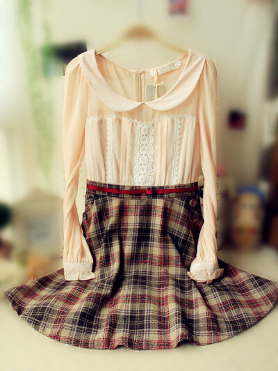 复古彼得潘娃娃领甜美蕾丝花边雪纺拼接格子伞裙连衣裙