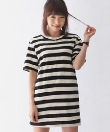 小米韩国t恤现货#小凡条纹长款短袖T恤海军衫