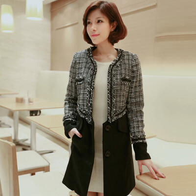 巴黎巴黎春装欧美拼接流苏边口袋单排扣毛呢外套