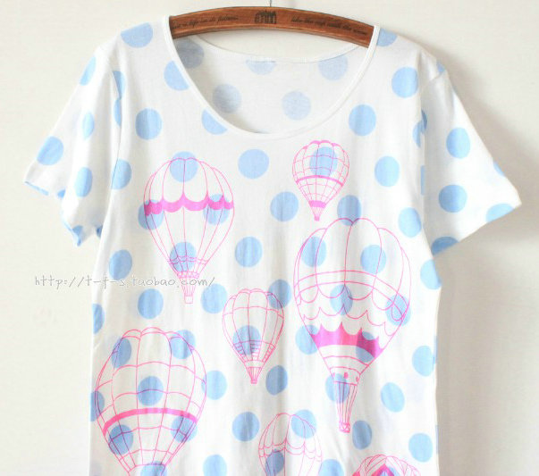 夏装原宿风zipper休闲小清新圆领热气球蓝色圆点t恤衫短袖女