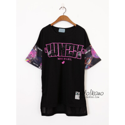 欧美风袖子宇宙星空字母印花宽松BF男友风短袖T恤衫女中长款