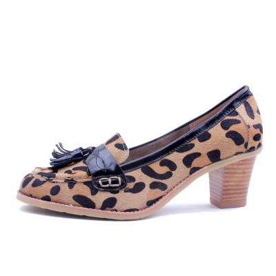 英伦复古圆头粗跟吊穗中跟女鞋低帮鞋单鞋豹纹